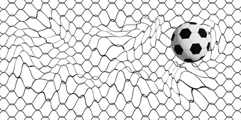 Soccer ball hitting the net on a white background. Abstract wavy line pattern representing a goal moment. Minimalist black and white sports concept. © Uddins
