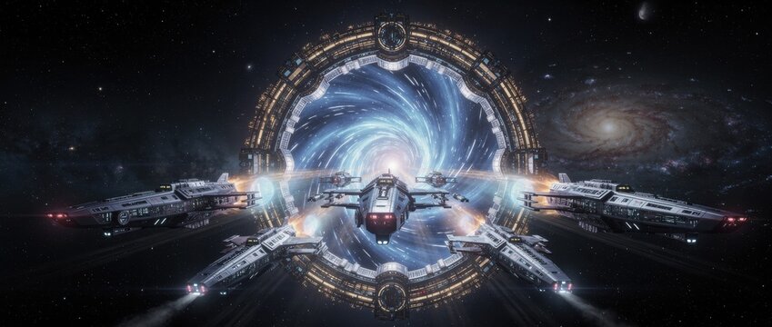 Futuristic Spaceships Journeying Through a Cosmic Wormhole with Vibrant Galaxy Background and Advanced Technology Elements