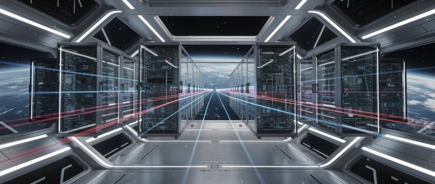 Futuristic Data Center Interior with High-Tech Servers and Space Background Showing Light Trails in a Deep Space Environment