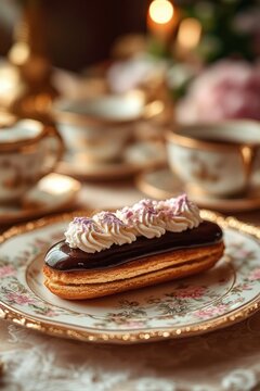 Chocolate eclair with glossy chocolate glaze and piped cream on a floral gilt porcelain plate, surrounded by teacups, candlelight and roses, warm romantic elegant mood