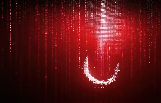 red digital rain with glowing pixel crescent and radiant light burst, mysterious futuristic data cascade
