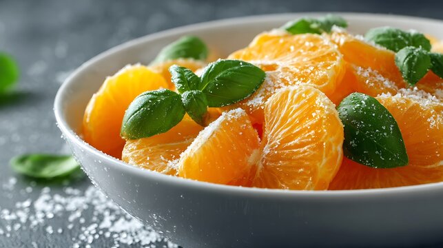 Close-up shot of a white porcelain bowl filled with bright orange mandarin slices