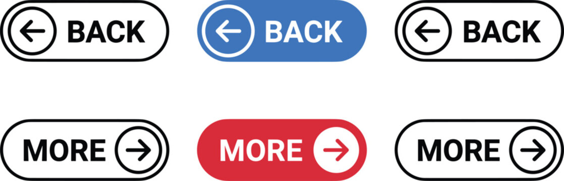 Back and more button set with arrow in a circle, isolated vector illustration on white background.