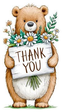 A brown bear holding a sign that says Thank You with flowers on it
