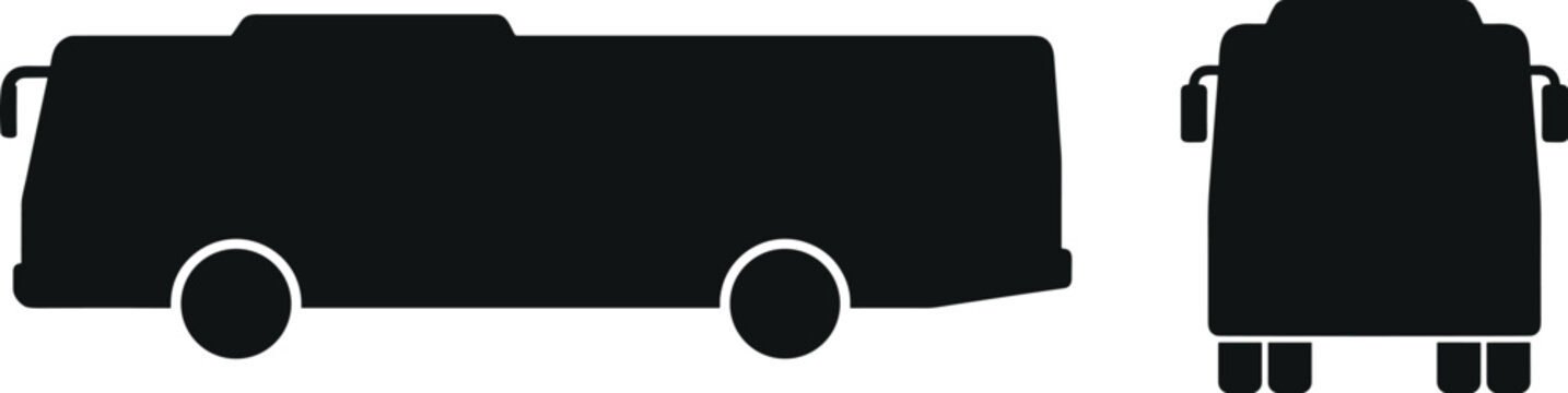 Black bus silhouette set showing side view and front view isolated on a clean white background