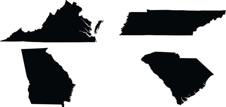 Black silhouette maps of Virginia Tennessee Georgia and South Carolina isolated on white background southern United States regional set