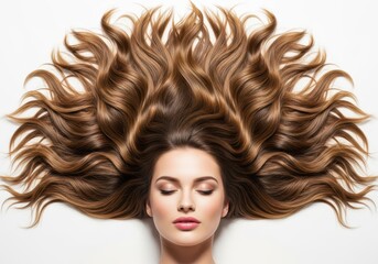Fototapeta premium Beautiful Woman with Long Wavy Brown Hair Spread Out on White Background - Beauty and Hair Care Concept
