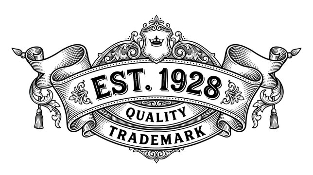 Vintage Est. 1928 Quality Trademark Badge with Crown and Ribbons