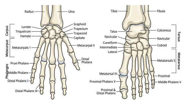 Anatomical Illustration of Human Hand and Foot Skeletons with Labels