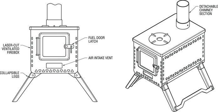Technical Line Art Diagram of a Portable Camping Wood Stove with Collapsible Legs and Detachable Chimney Component