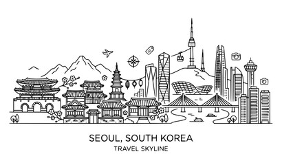 Obraz premium Seoul South Korea Travel Skyline Line Art Vector with Famous Landmark Symbols