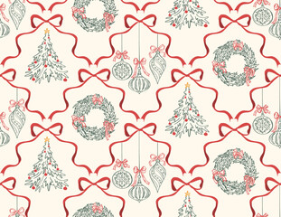 Fototapeta premium Christmas seamless pattern hand drawn Christmas trees, wreaths, and ornaments inside ribbon bow frames. coquette holiday vector background for winter wrapping paper, greeting cards, and festive decor.