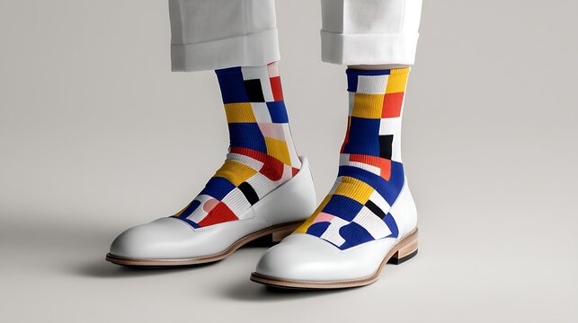A man wears a pair of colorful socks with a geometric pattern and white shoes, standing against a plain background.
