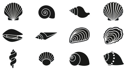 Ocean seashell and mollusk silhouette icon set © Adera