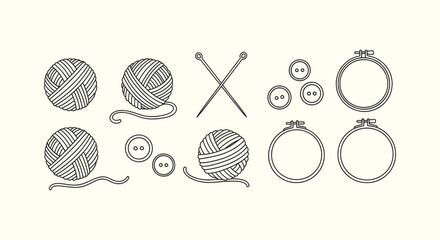Minimalist Black and White Sewing and Knitting Line Art Icons with Yarn Balls Buttons and Hoops. © vectorial