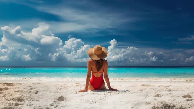 Back view of a woman in red beachwear and a straw hat sitting on white sand at a tropical ocean, with a blue sky and clouds.