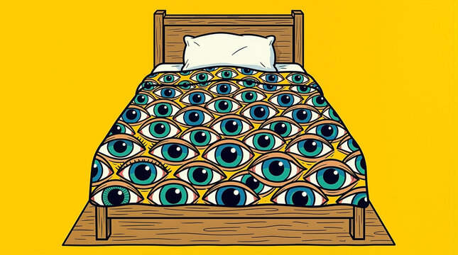 Surreal Illustration of a Bed with a Staring Eyes Pattern