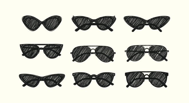 Collection of hand drawn sunglasses in a unique scribble sketch style for fashion and summer design.