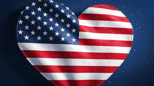 Heart Shape American Flag Waving with Stars and Stripes on Blue Background