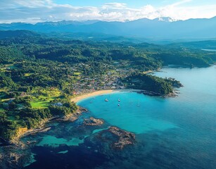 Obraz premium Aerial view of a tranquil coastal village with a turquoise crescent bay, sandy beach, anchored sailboats, rocky shoreline, green hills and distant mountains under blue sky