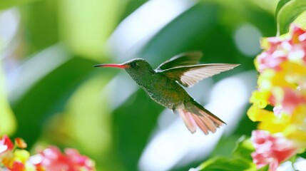 Obraz premium Green Hummingbird Hovering in a Tropical Garden