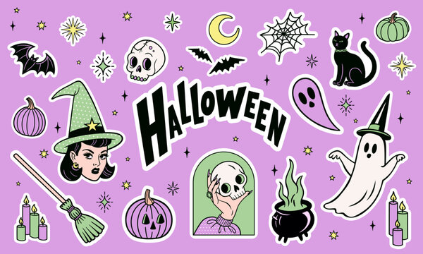 Retro Halloween Sticker Pack with Cute Spooky Characters and Vintage Halloween Icons ideal for party invitations, planners, scrapbooking, branding, packaging, merchandise, social media and print.