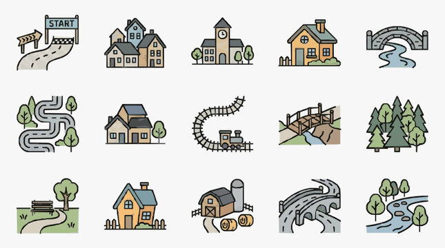 Sleek Colorful Illustrated Icons Set Featuring Houses Roads Trains Forests and Landmarks in Minimalist Style