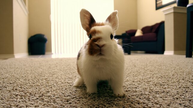 Cute Pet Rabbit Sitting on Carpet Indoors