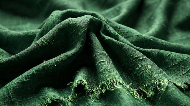 Luxurious textile close-up, natural silk sheen, dramatic light and shadow in fabric folds, pure solid green color