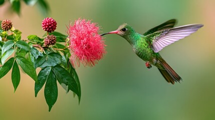 Fototapeta premium Green Hummingbird Sips Nectar From Pink Flower