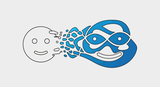 A stylized graphic showing a simple face transforming into a complex blue pattern