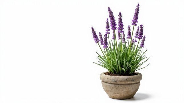 Planta de lavanda con espigas de flores violetas en un recipiente de piedra r&uacute;stico, aislada sobre fondo blanco