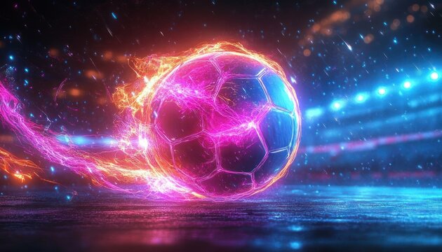Glowing soccer ball engulfed in neon pink and orange flames streaking across a wet reflective pitch under bright stadium lights, conveying speed, power and intense excitement