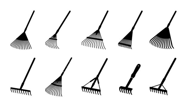 Garden Rake Tool Icon Set Featuring Various Lawn Raking Equipment Silhouettes for Agricultural and Landscaping Design