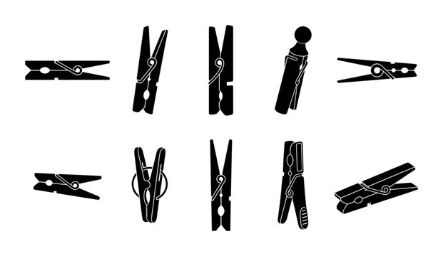 Clothespin Silhouette Icon Set Featuring Wooden Laundry Pegs and Hanging Clips for Household Vector Illustrations