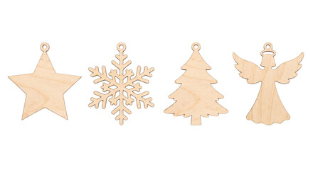 Fototapeta premium Unfinished wooden holiday decorations isolated on transparent background