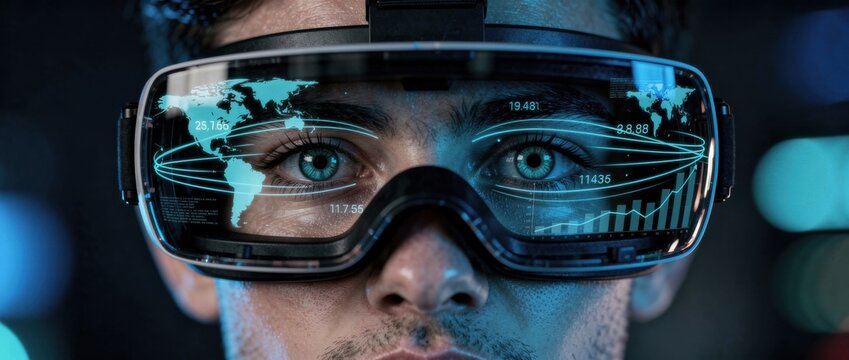 Close-up of a person wearing augmented reality glasses displaying digital world map and financial data, showcasing innovation and technological advancement in vision