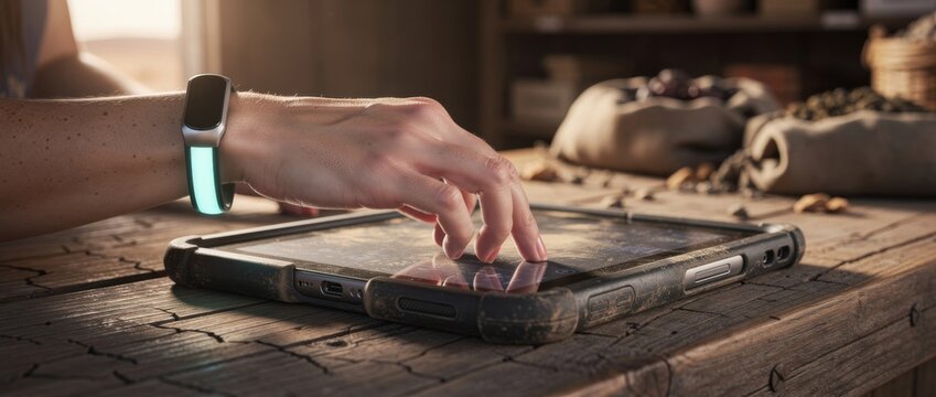 Close-up of a human hand interacting with a tablet device on a rustic wooden table, showcasing a modern smartwatch and elegant natural light setting