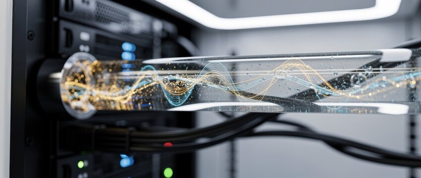 Futuristic Data Transmission with Light Waves Through Transparent Tube in Modern Server Rack Setting for Technology and Innovation Concepts