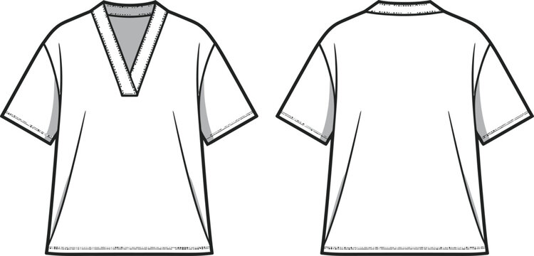 Technical fashion illustration of loose fit v neck t shirt front and back views