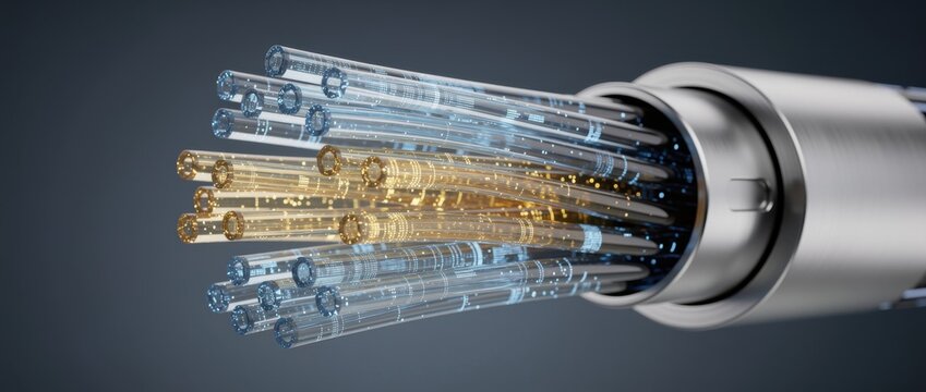 Close-up of Colorful Optical Fiber Strands Emerging from Connector in High-Tech Environment, Showcasing Light Transmission Capabilities and Connectivity Options