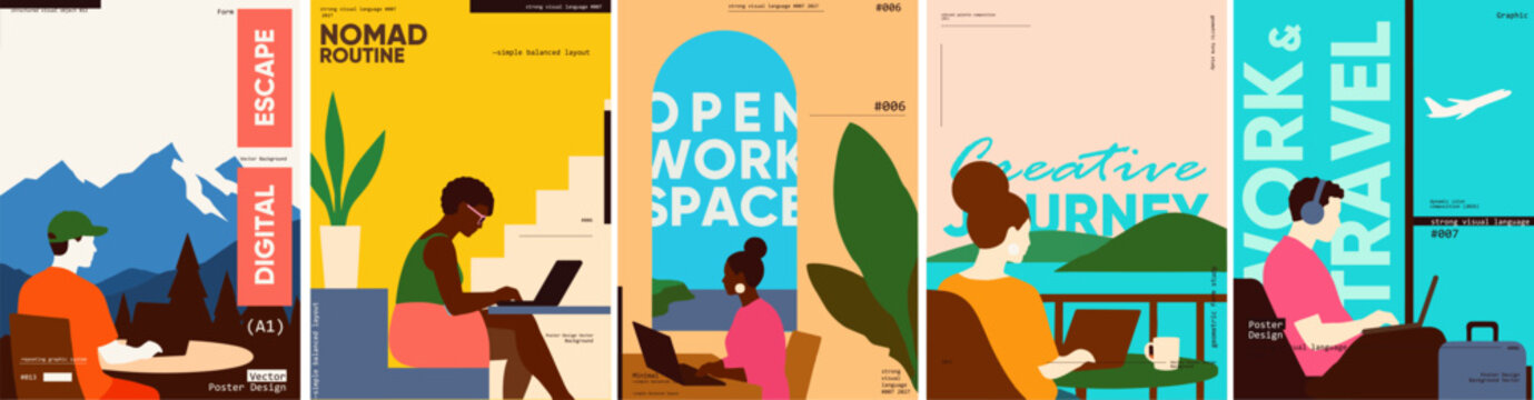 A collection of minimalist vector illustrations depicting remote work and travel themes. Each design features vibrant colors and simple shapes, ideal for modern digital projects.