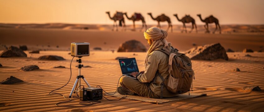 Person working on laptop in desert landscape with camels in background, golden hour lighting creates serene travel and adventure scene