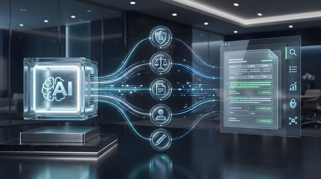 Secure AI compliance verification platform approving legal documents and regulatory frameworks in a dark corporate boardroom