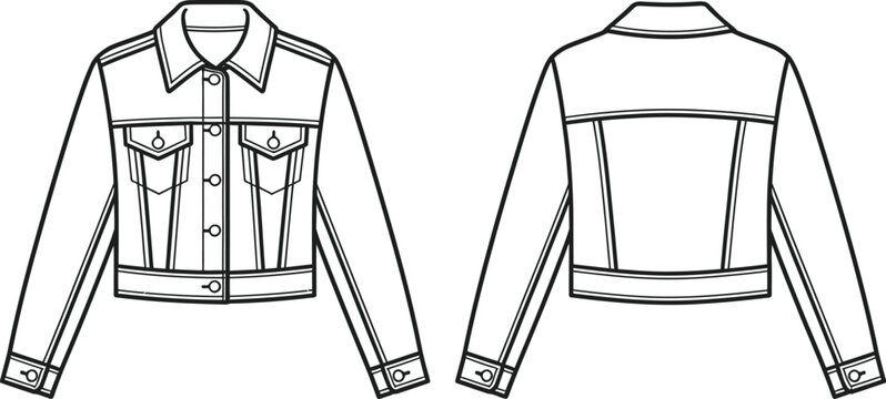 Technical fashion illustration of a women's denim jacket front and back views