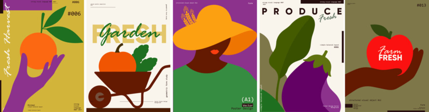 Colorful and modern illustrations featuring fresh produce and garden themes. Each design showcases vibrant fruits and vegetables in a minimalist style, perfect for farm-to-table concepts.
