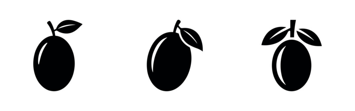 Plum or date fruit icons set. Collection of various fresh plum or date fruit black silhouette symbols.