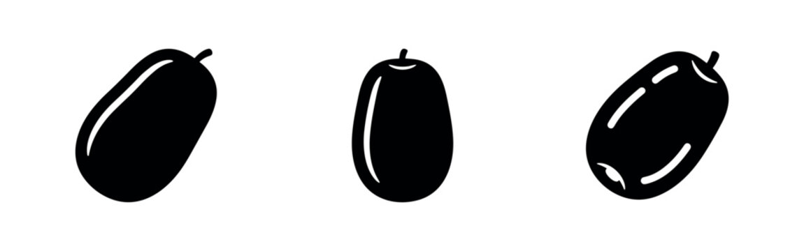 Date fruit icons set. Collection of various fresh date fruit black silhouette symbols.