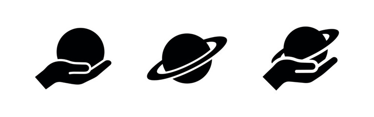 Hand holding egg and planet icon set. Black silhouette of hands holding an oval shape and a ringed planet, vector illustration. © Lili