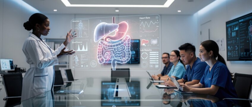 Innovative Medical Presentation on Digestive Health in Modern Conference Room with Advanced Technology and Engaged Medical Professionals